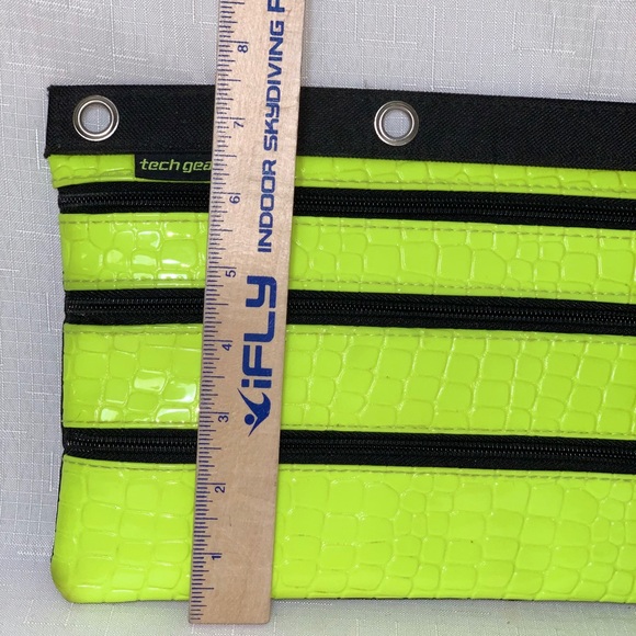 Neon Yellow Green Pencil Supplies Case 3 Section Organize Ring Bind School Fall - Picture 9 of 11